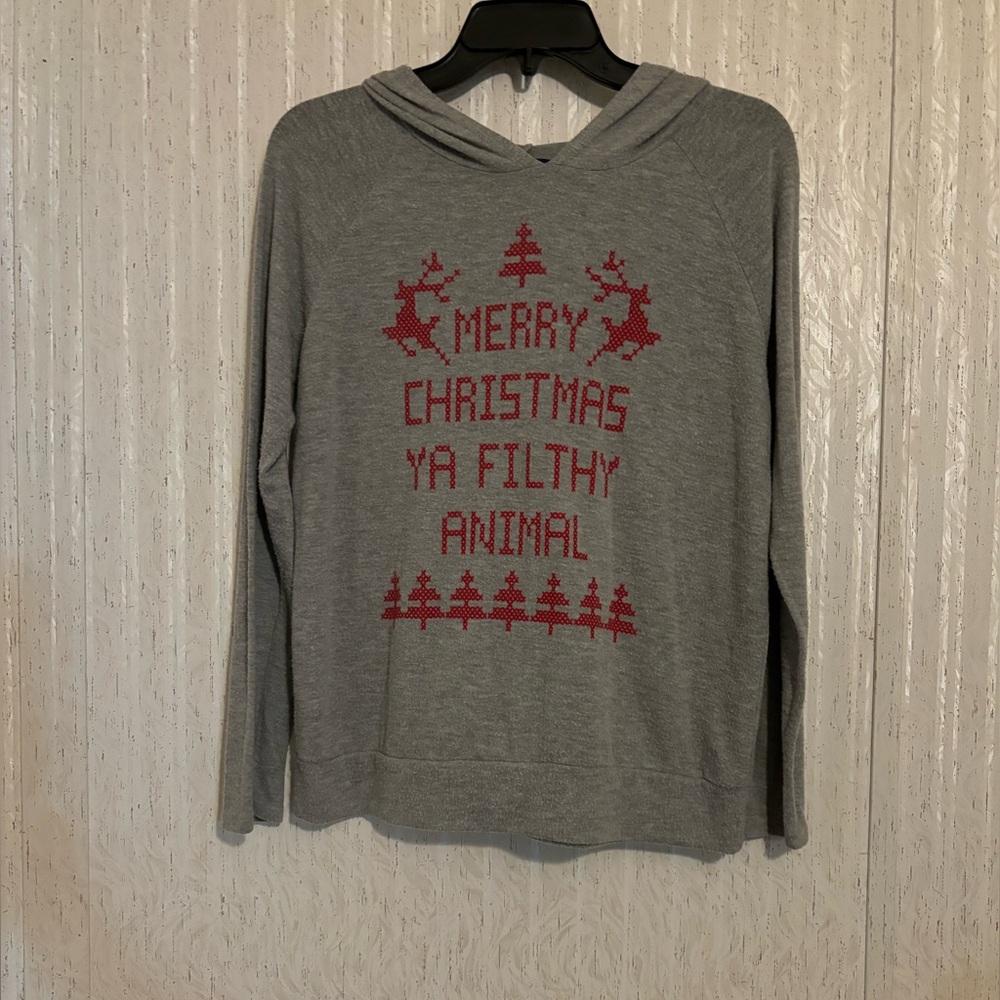 Sweet Claire Gray Hoodie with Red Christmas Print